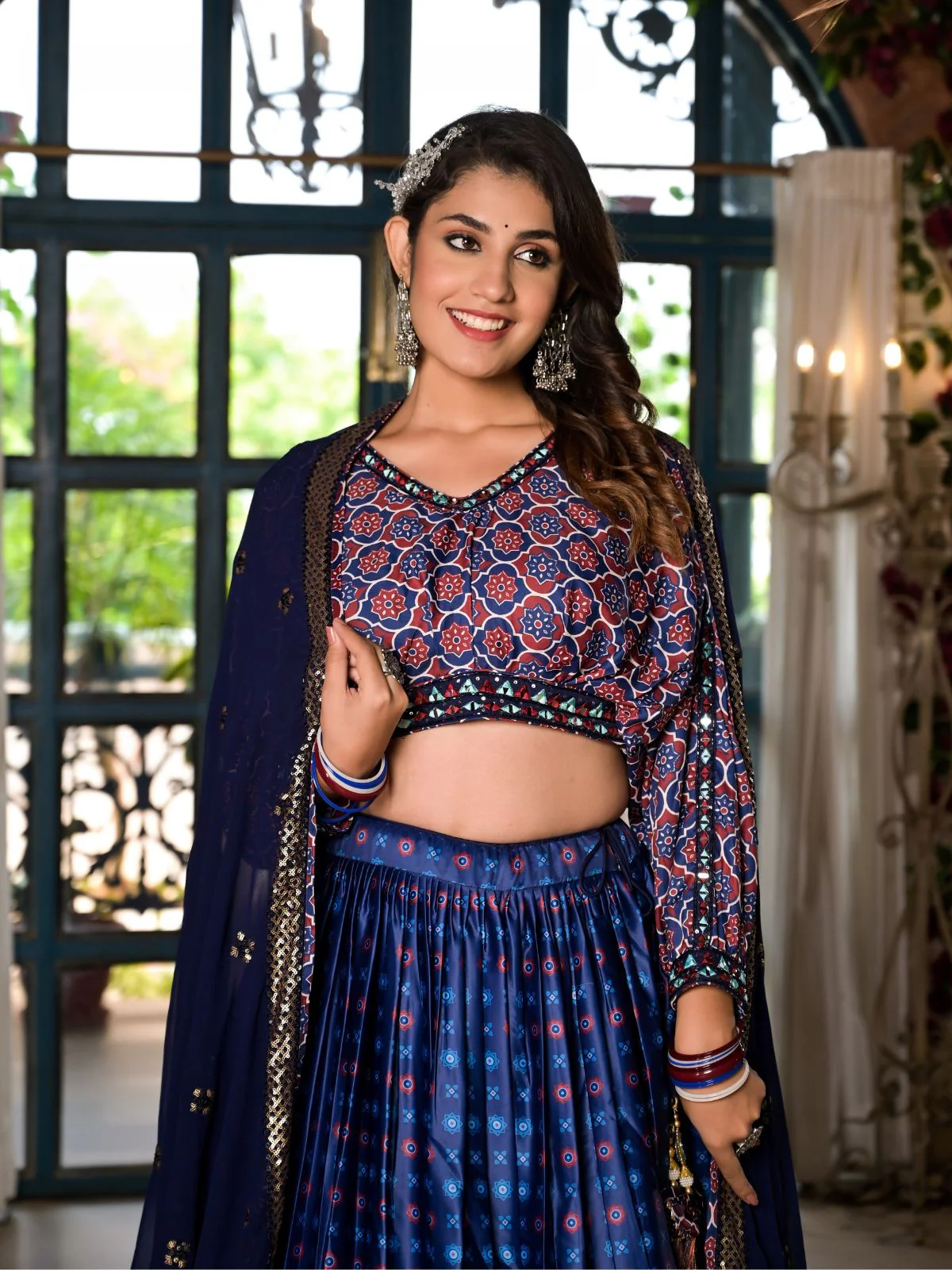 Odette Blue Satin Printed Stitched Lehenga Choli Set For Women - Image 5