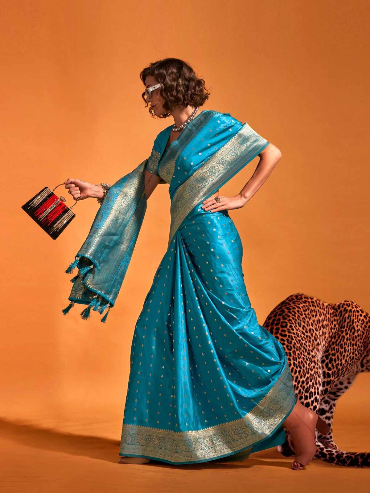 Odette Blue Satin Woven Saree With Unstitched Blouse For Women - Image 2