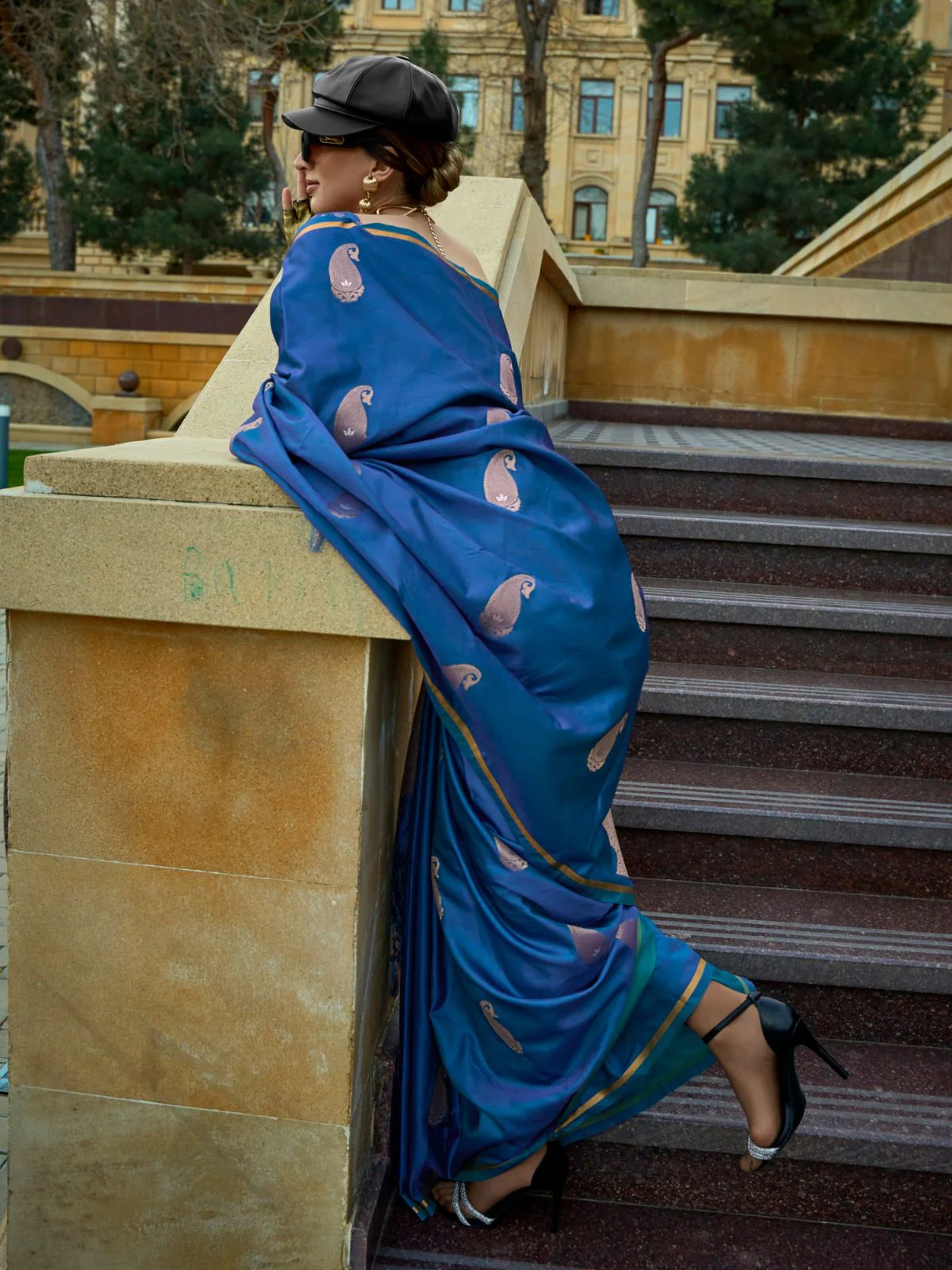 Odette Blue Satin Woven Saree With Unstitched Blouse For Women - Image 2