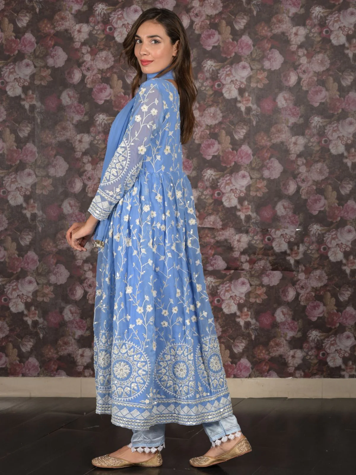 Odette Blue Sequins Embroidered Stitched Flared Georgette Kurta Set for Women - Image 3