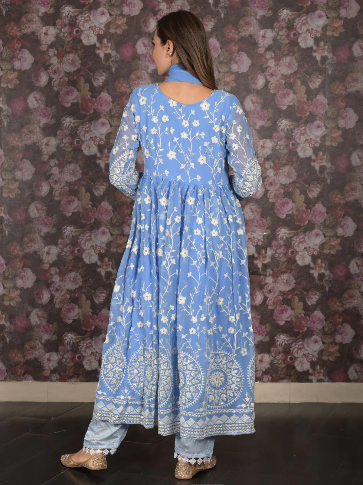 Odette Blue Sequins Embroidered Stitched Flared Georgette Kurta Set for Women - Image 4