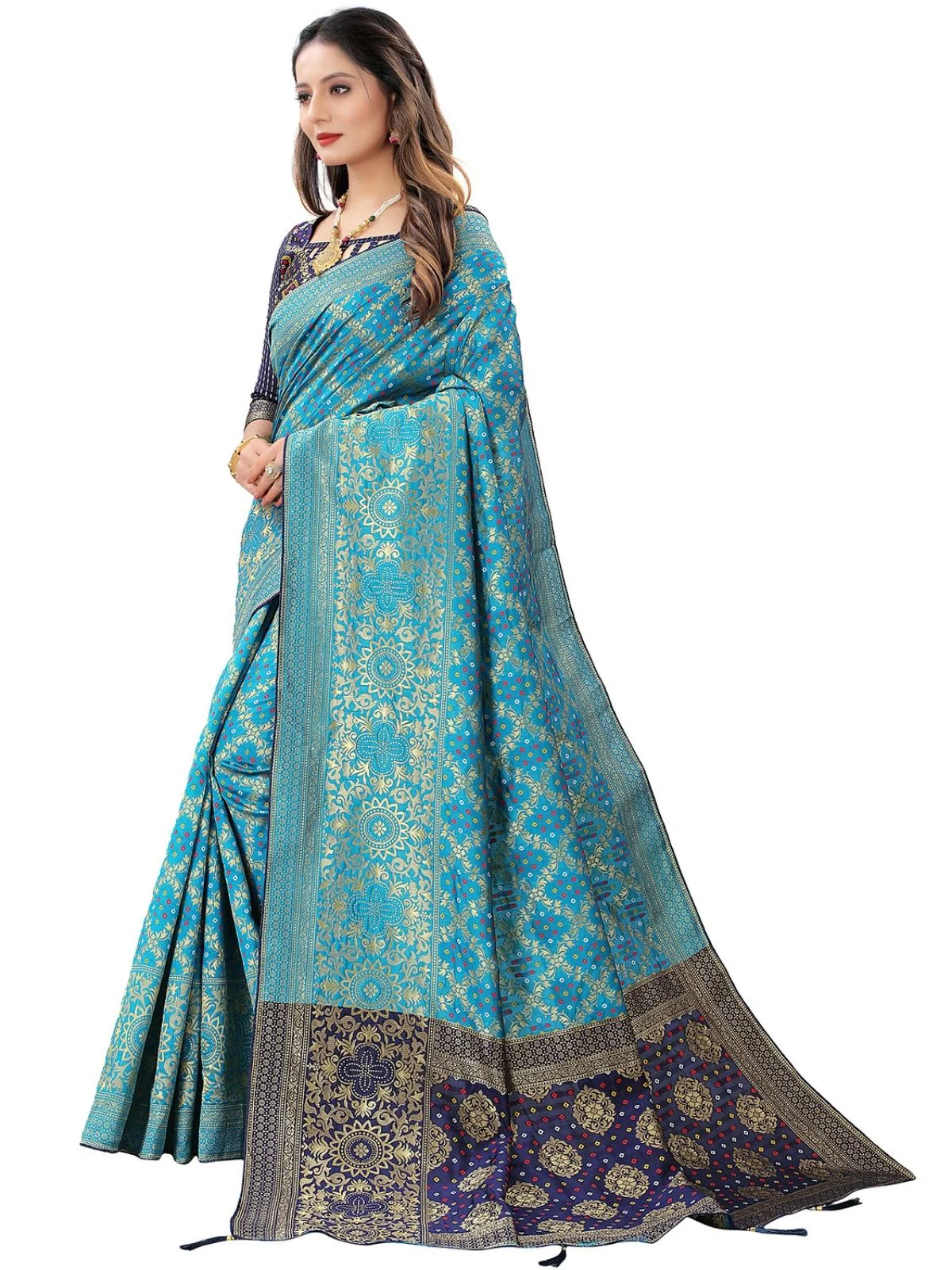 Odette Blue Silk Blend Embellished Saree For Women - Image 2
