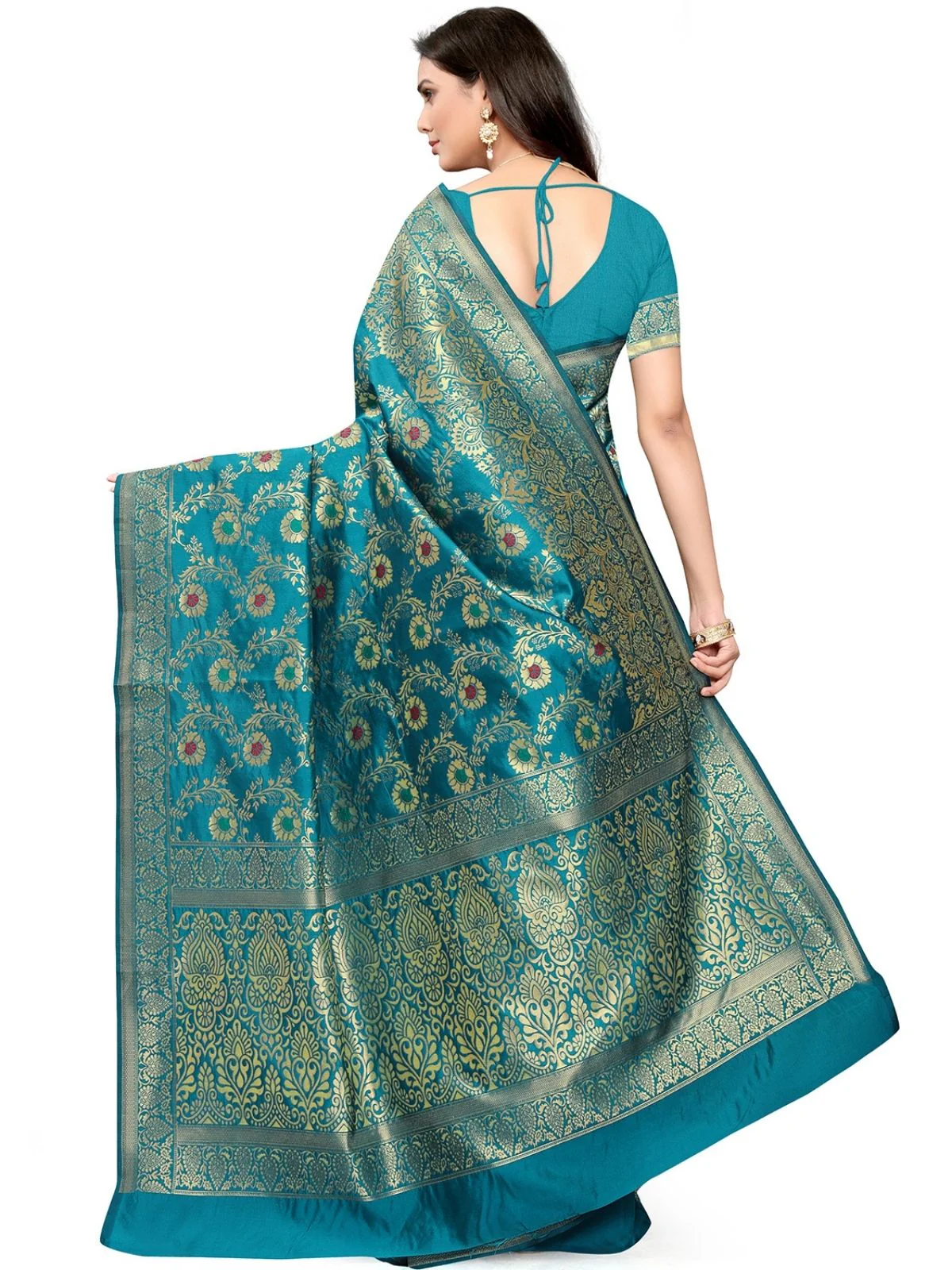 Odette Blue Silk Blend Embellished Saree For Women - Image 4