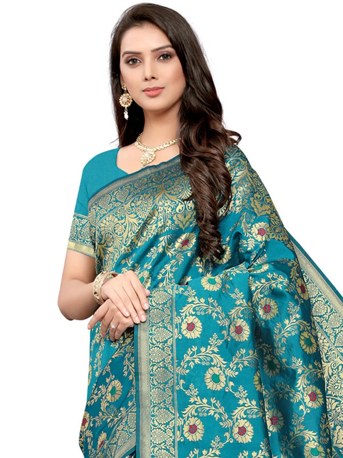 Odette Blue Silk Blend Embellished Saree For Women - Image 5