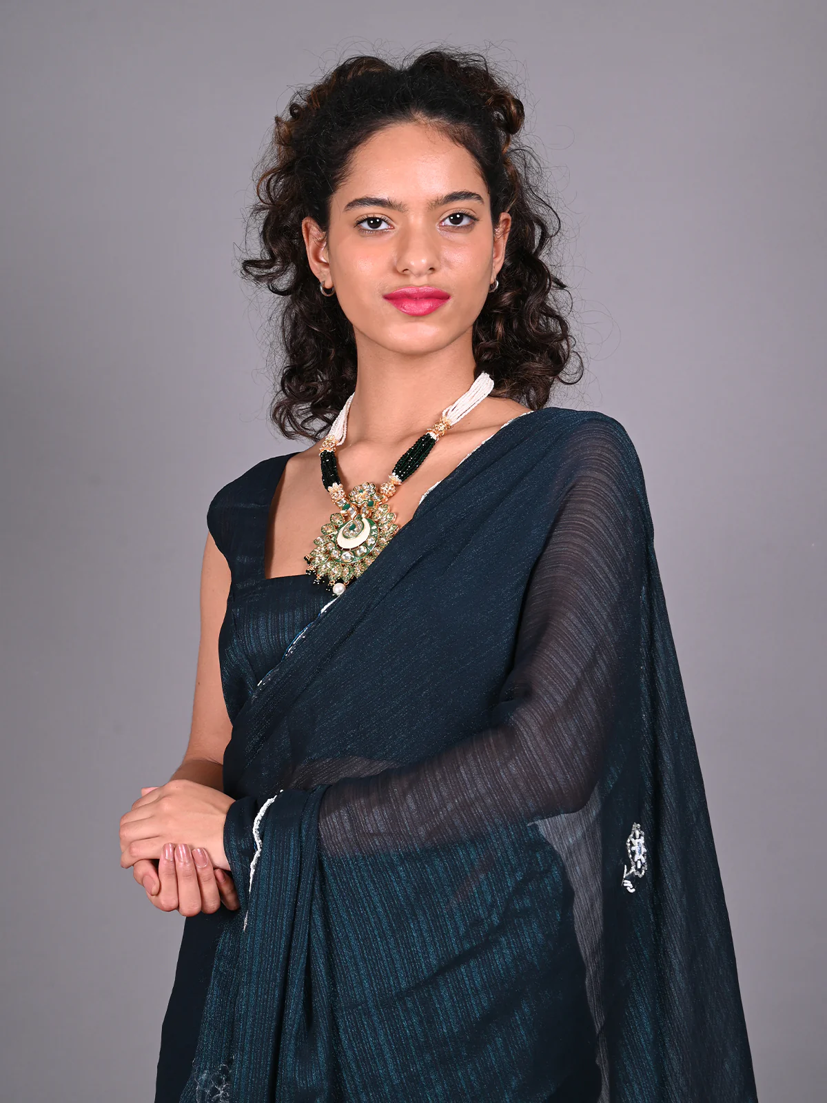 Odette Blue Silk Blend Embroidered Saree For Women - Image 4
