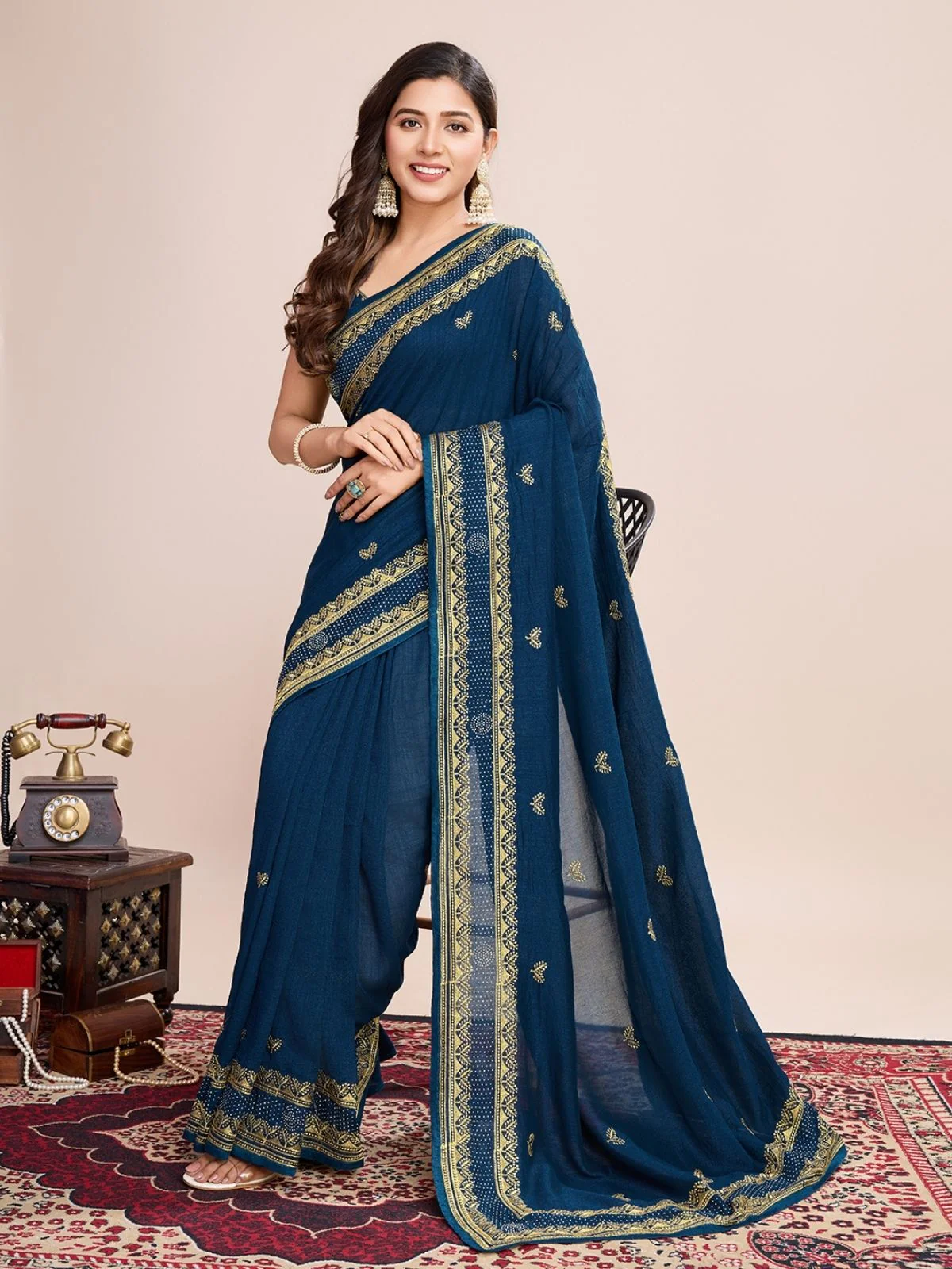 Odette Blue Silk Blend Embroidered Saree With Unstitched Blouse For Women - Image 2