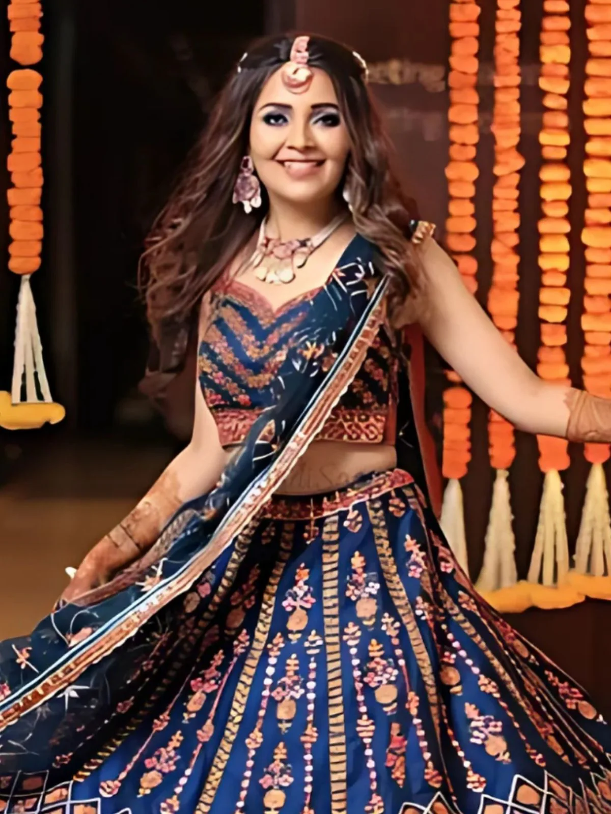 Odette Blue Silk Blend Embroidered Semi-Stitched lehenga For Women - Image 3