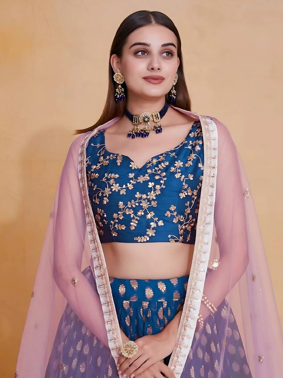 Odette Blue Silk Blend Embroidered Semi-Stitched Lehenga For Women - Image 3