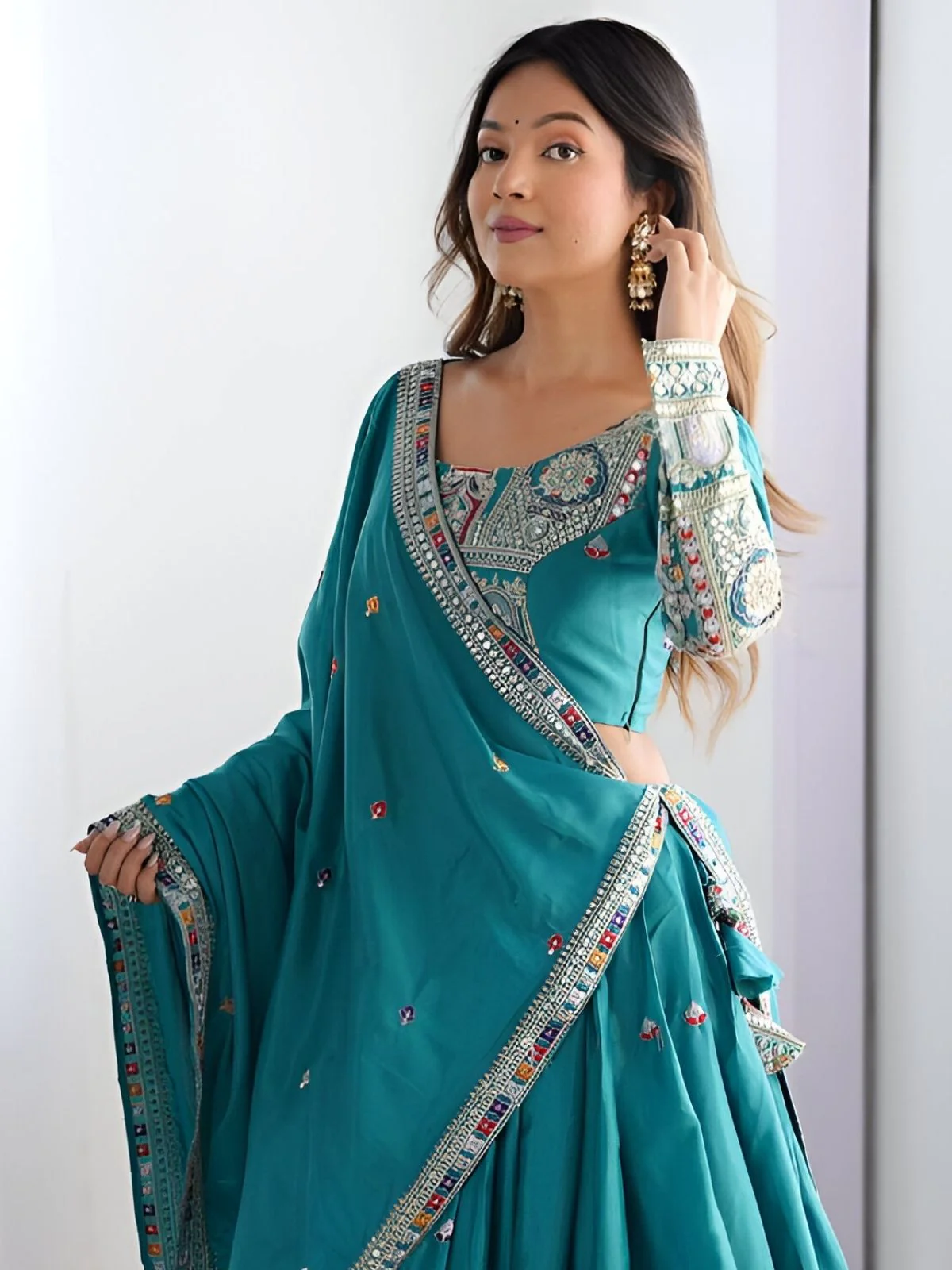 Odette Blue Silk Blend Embroidered Semi-Stitched lehenga For Women - Image 4