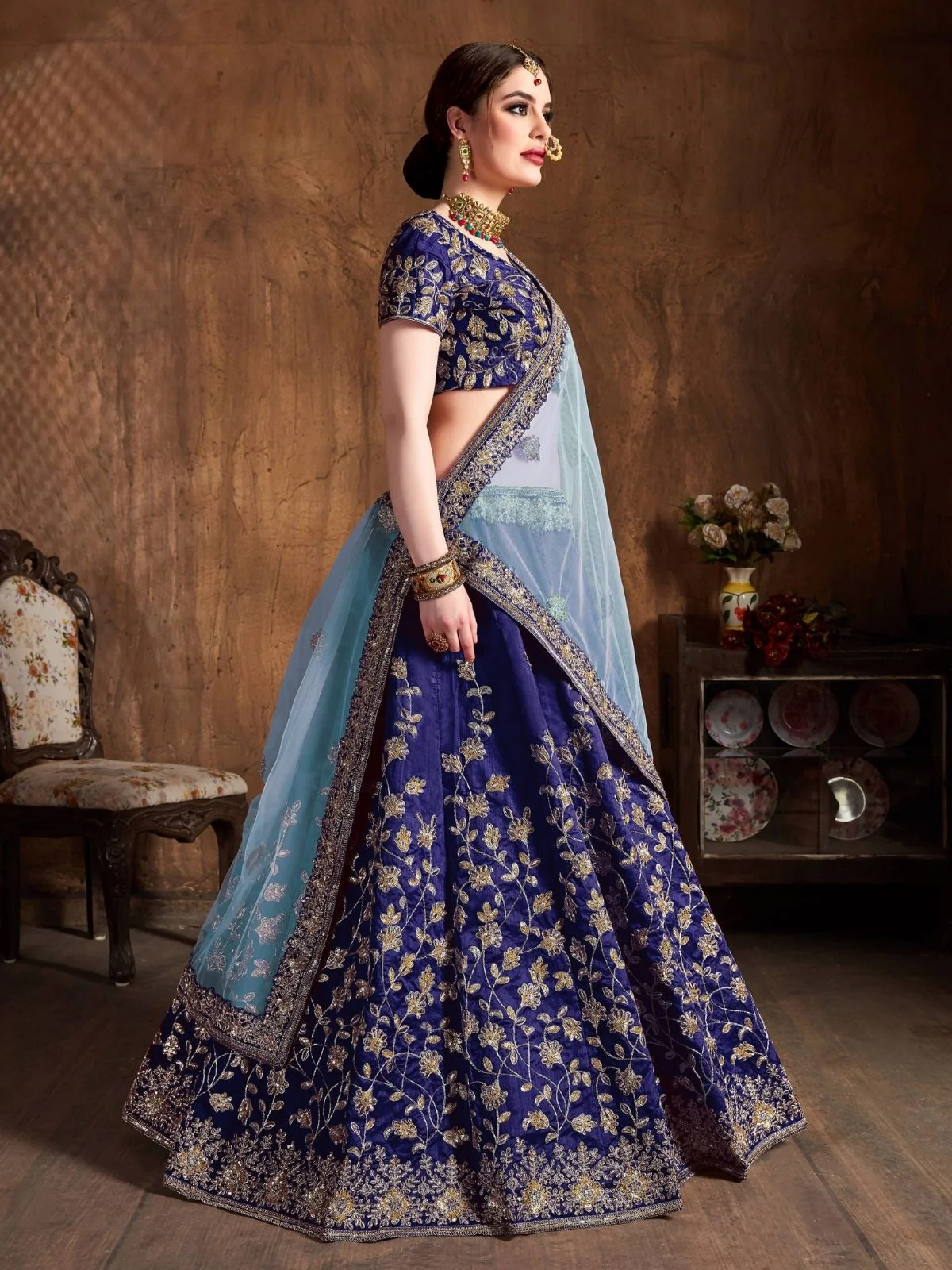 Odette Blue Silk Blend Embroidered Semi Stitched Lehenga With Blouse For Women - Image 2