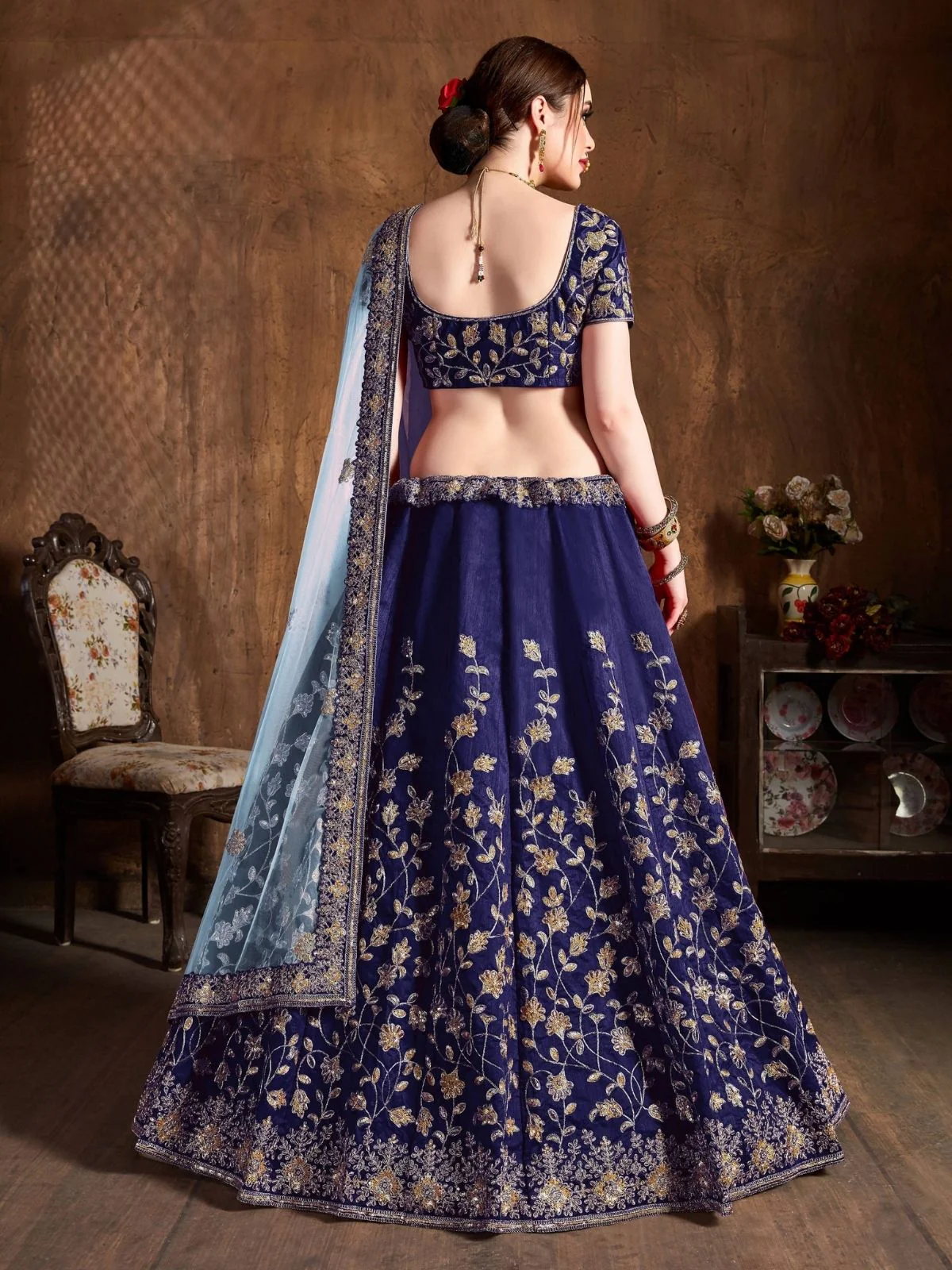 Odette Blue Silk Blend Embroidered Semi Stitched Lehenga With Blouse For Women - Image 3