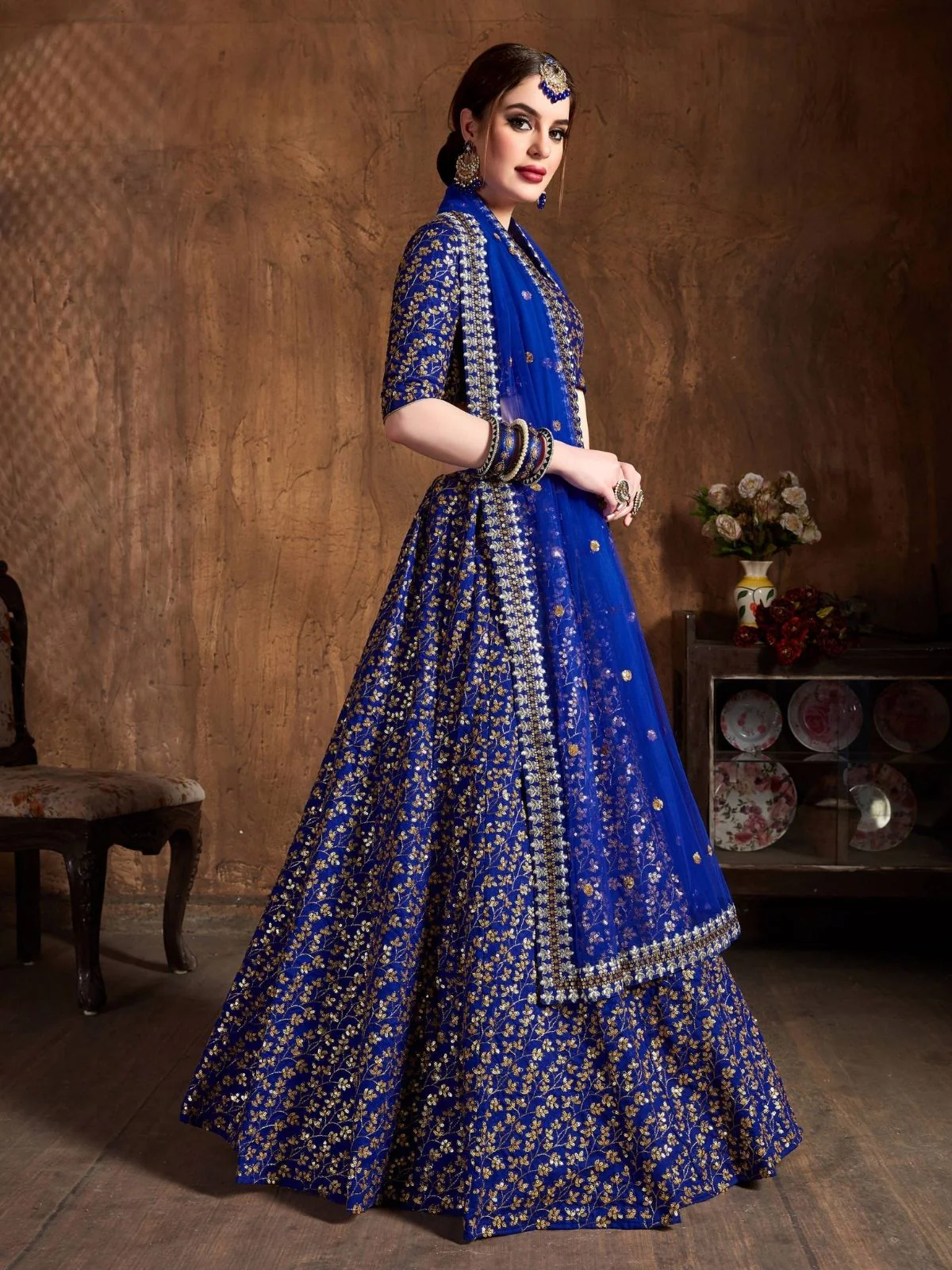 Odette Blue Silk Blend Embroidered Semi Stitched Lehenga With Blouse For Women - Image 2