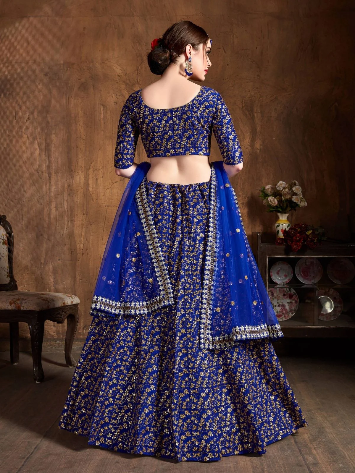Odette Blue Silk Blend Embroidered Semi Stitched Lehenga With Blouse For Women - Image 3