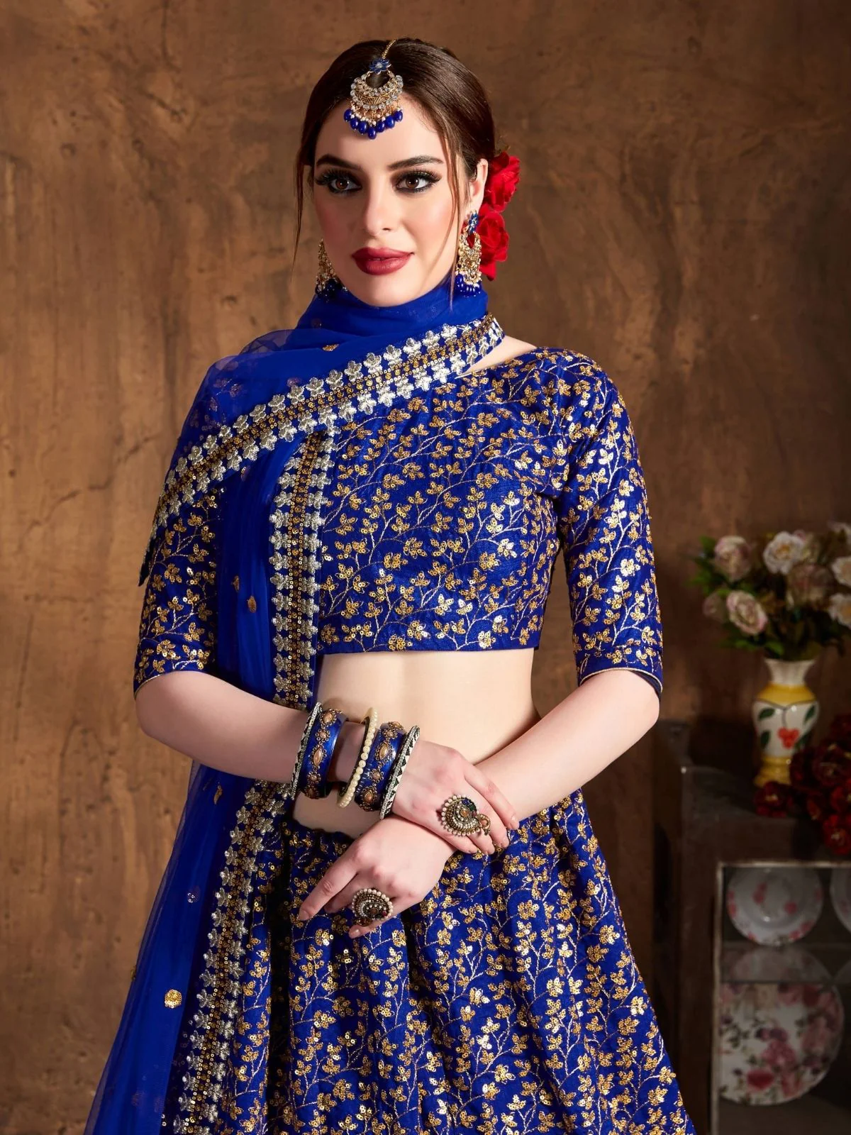Odette Blue Silk Blend Embroidered Semi Stitched Lehenga With Blouse For Women - Image 4