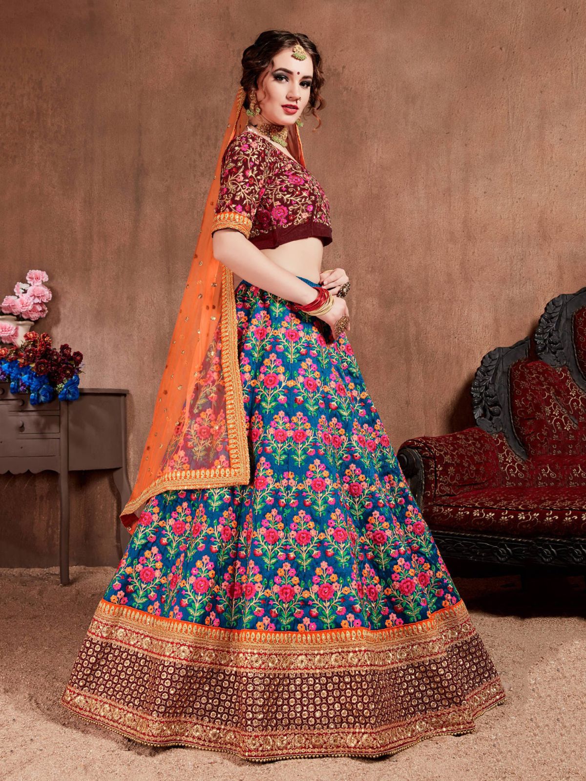 Odette Blue Silk Blend Embroidered Semi Stitched Lehenga With Blouse For Women - Image 2