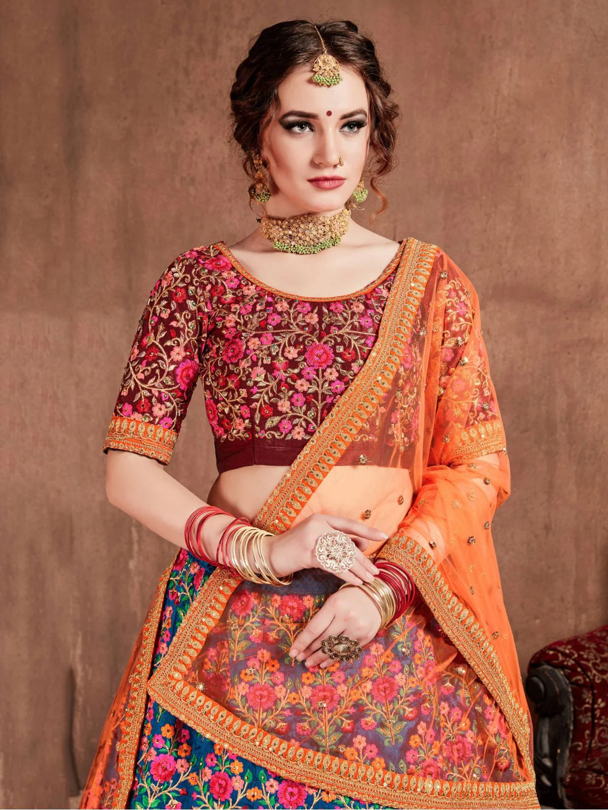 Odette Blue Silk Blend Embroidered Semi Stitched Lehenga With Blouse For Women - Image 5