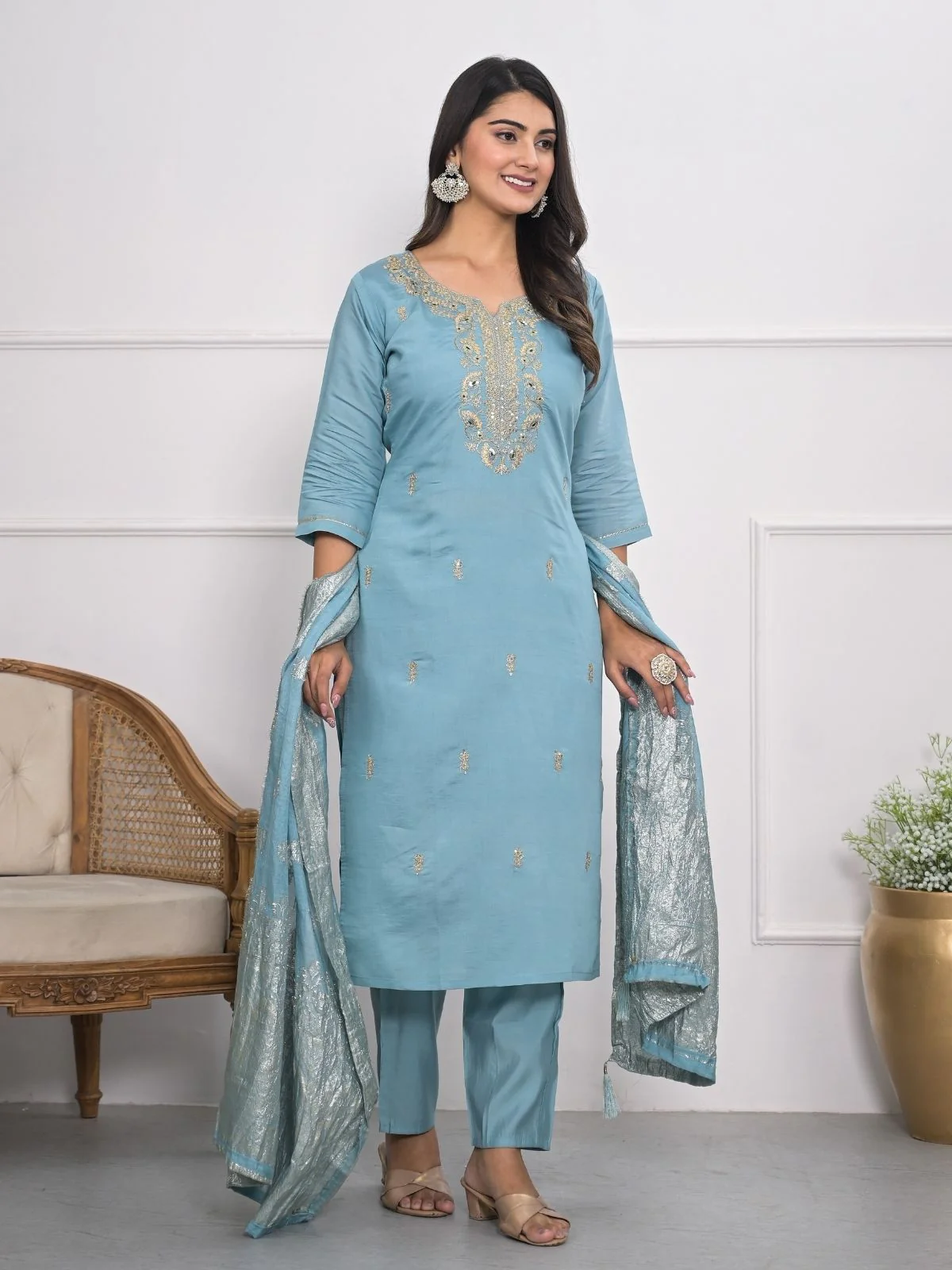 Odette Blue Silk Blend Embroidered Stitched Kurta Set For Women - Image 3