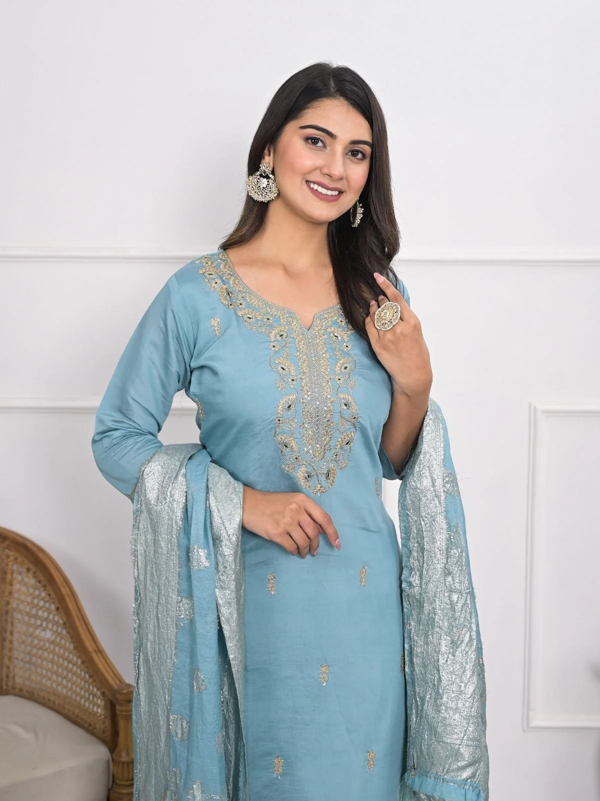 Odette Blue Silk Blend Embroidered Stitched Kurta Set For Women - Image 4