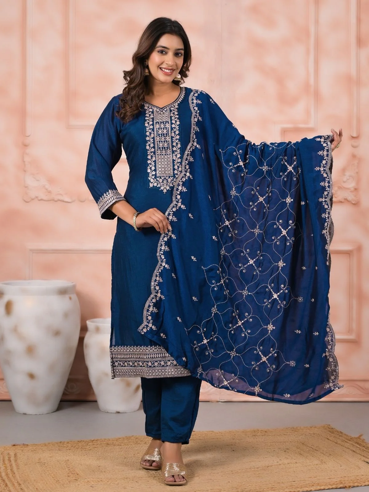 Odette Blue Silk Blend Embroidered Stitched Kurta Set For Women - Image 2