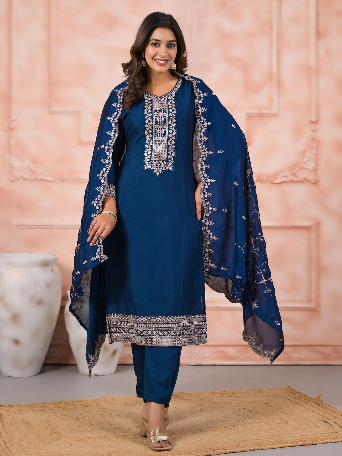 Odette Blue Silk Blend Embroidered Stitched Kurta Set For Women - Image 3
