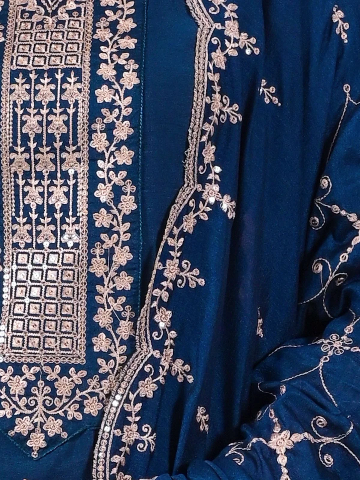 Odette Blue Silk Blend Embroidered Stitched Kurta Set For Women - Image 6