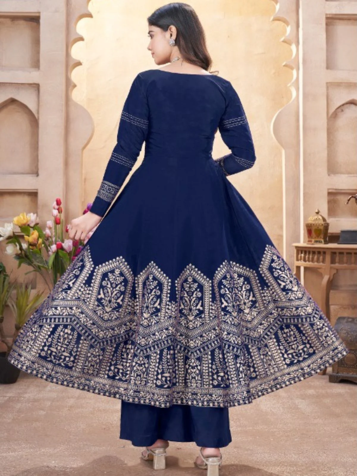 Odette Blue Silk Blend Embroidered Stitched Kurta Set For Women - Image 4