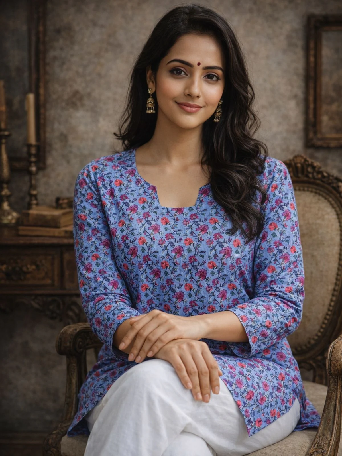 Odette Blue Silk Blend Floral Print Solid Kurti For Women - Image 2