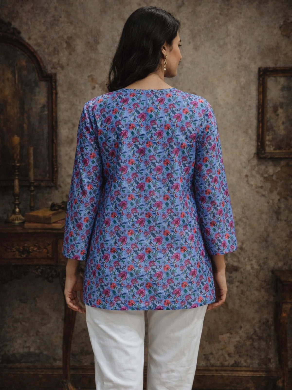 Odette Blue Silk Blend Floral Print Solid Kurti For Women - Image 3