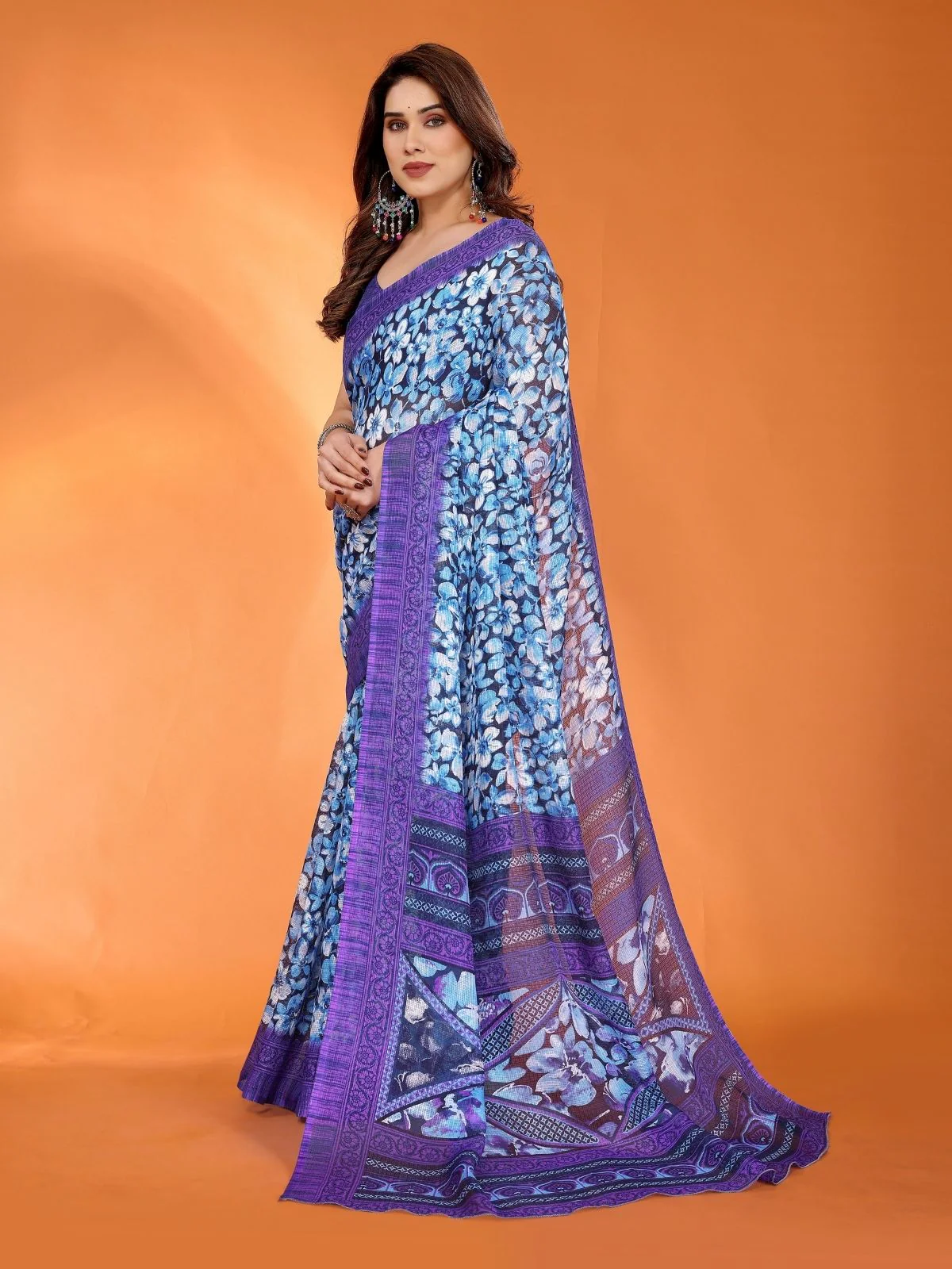 Odette Violet Silk Blend Printed Saree For Women - Image 2