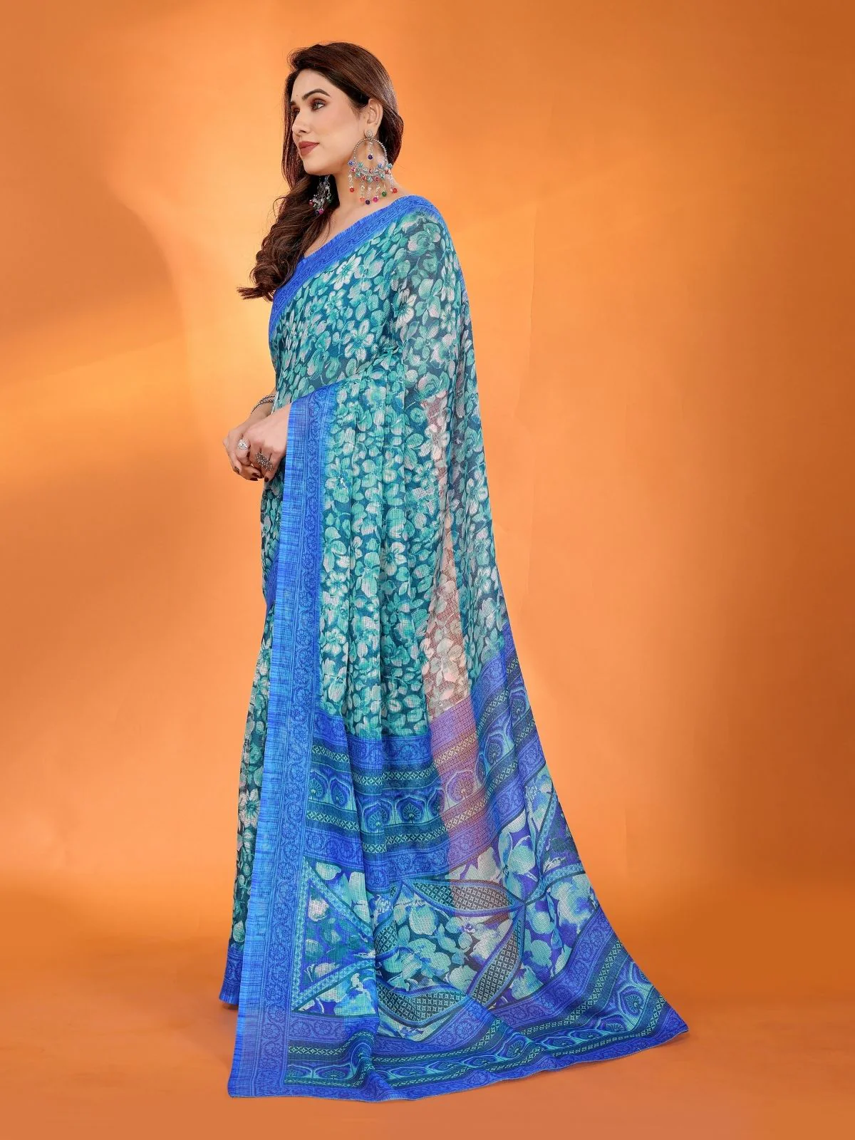 Odette Blue Silk Blend Printed Saree For Women - Image 2