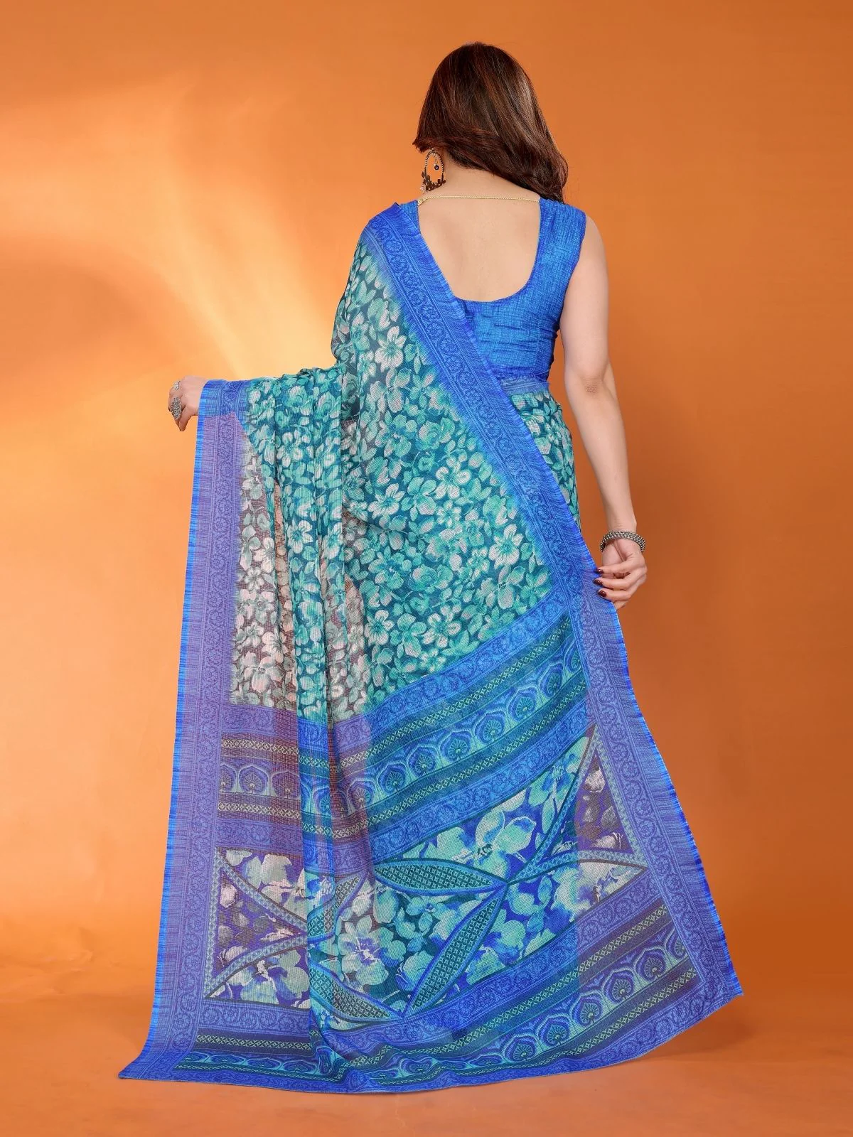 Odette Blue Silk Blend Printed Saree For Women - Image 3
