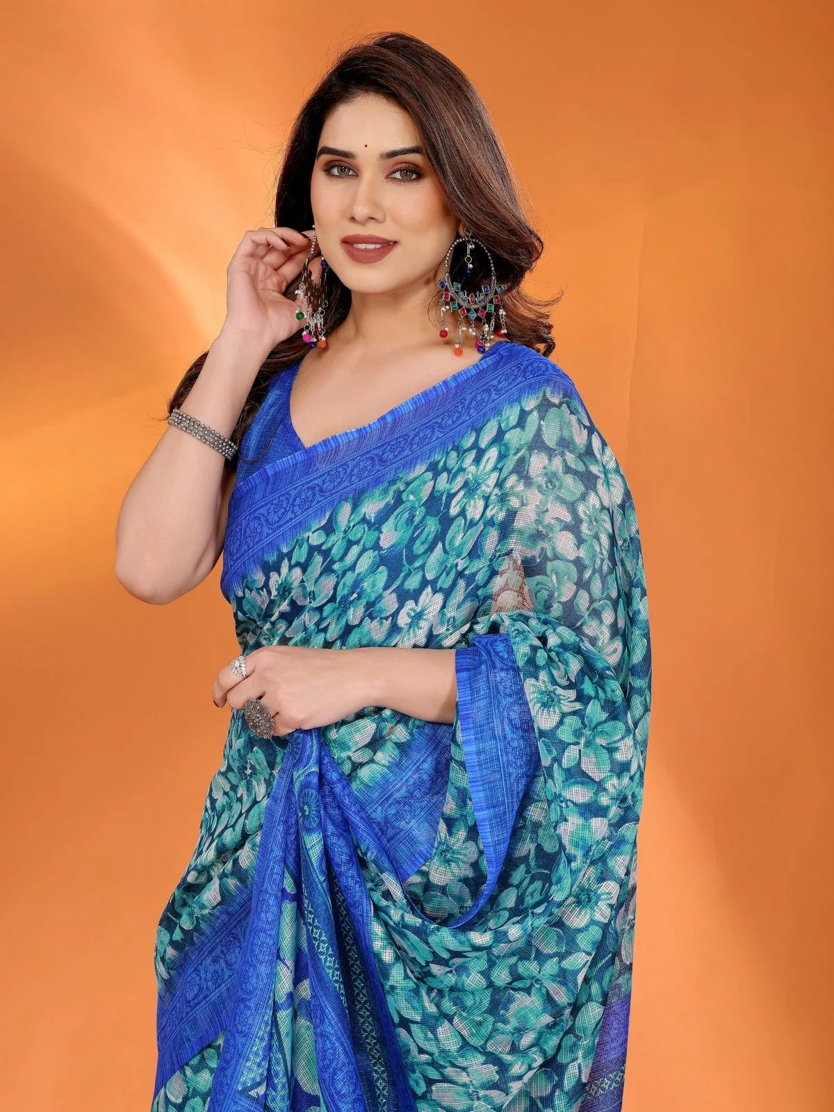 Odette Blue Silk Blend Printed Saree For Women - Image 4