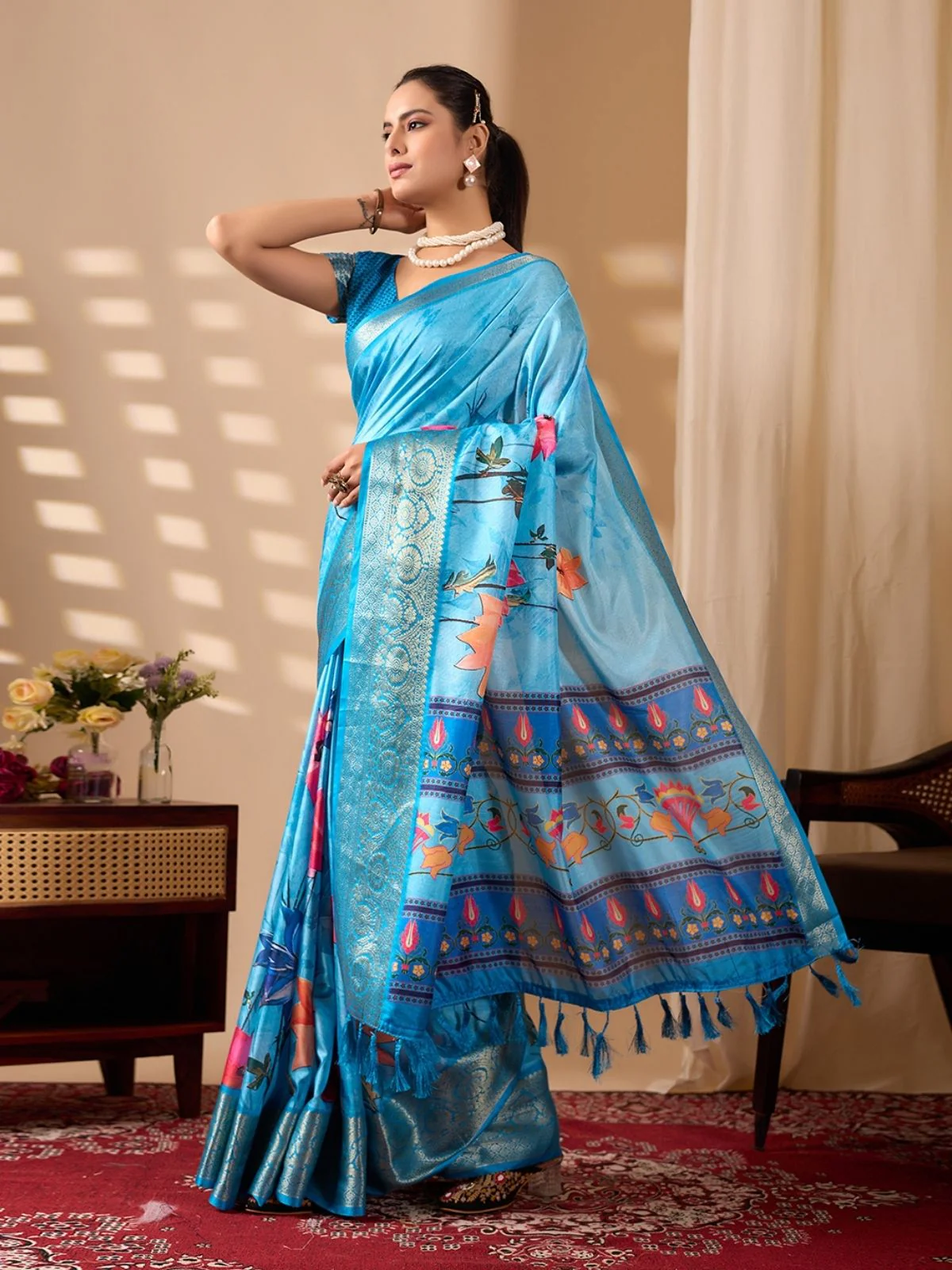 Odette Blue Silk Blend Printed Saree For Women - Image 2