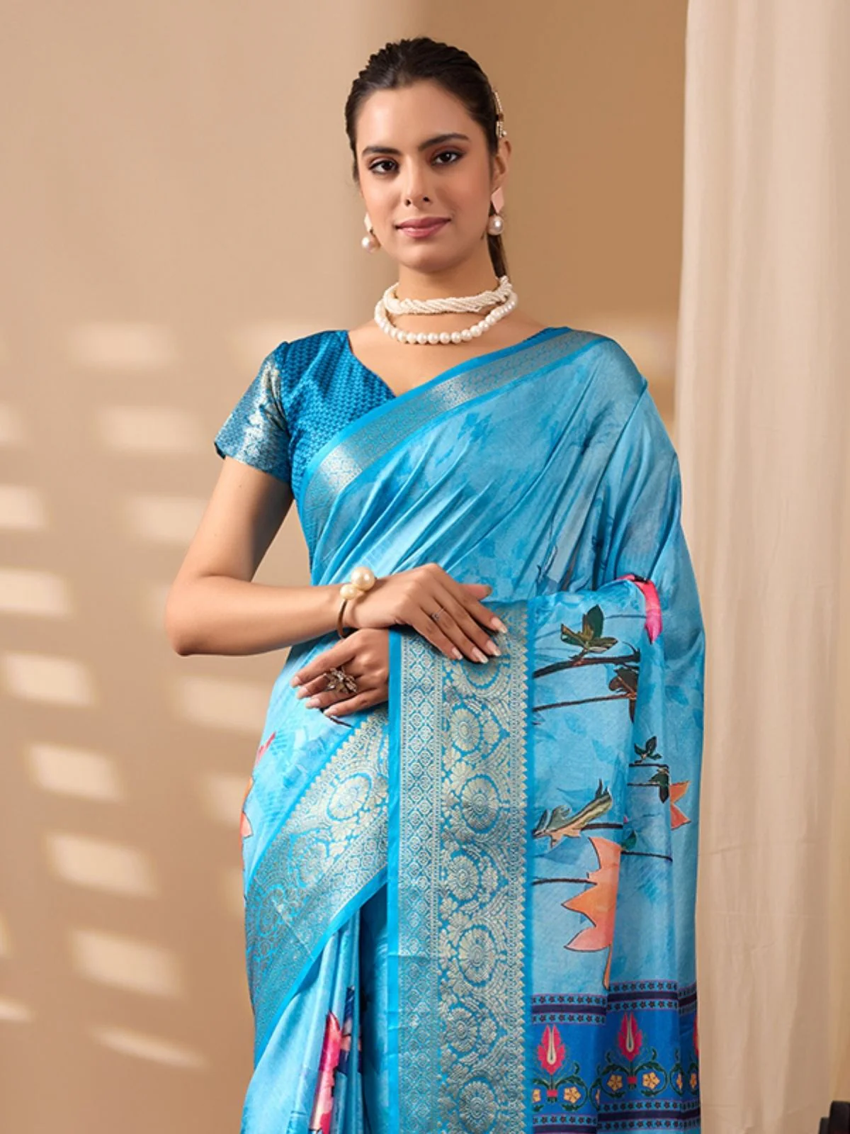 Odette Blue Silk Blend Printed Saree For Women - Image 4