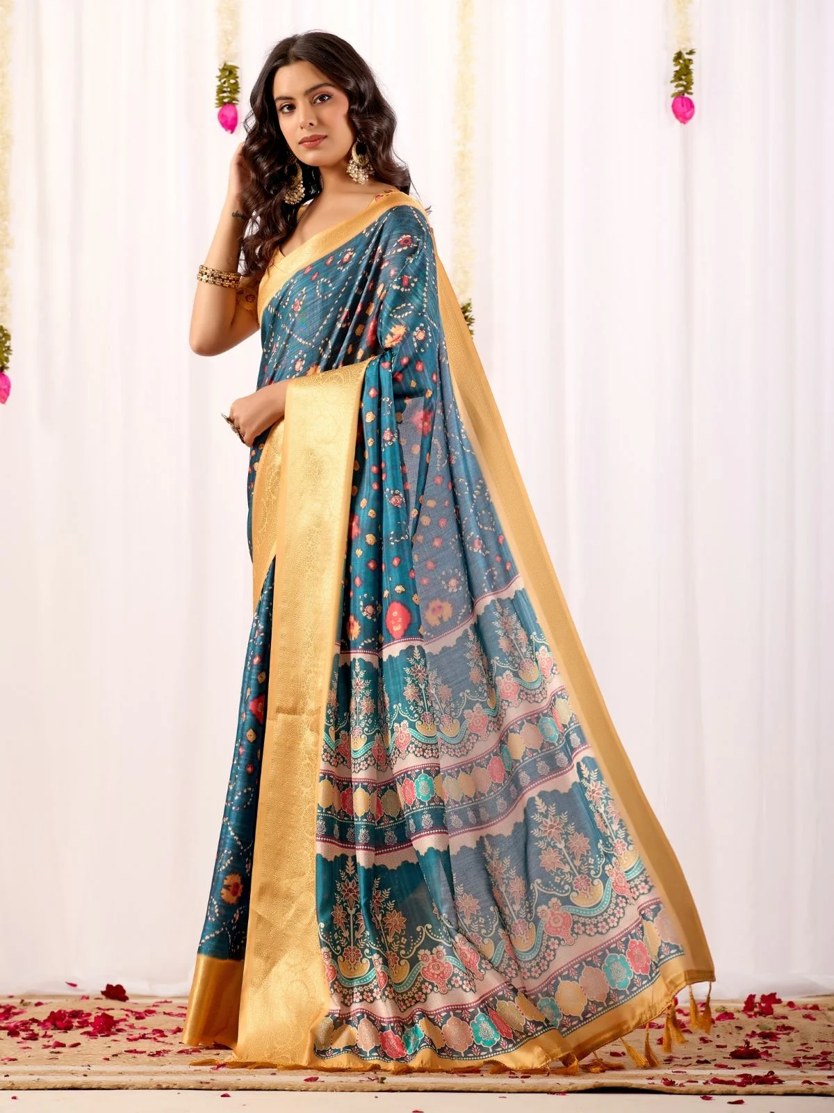 Odette Blue Silk Blend Printed Saree For Women - Image 2