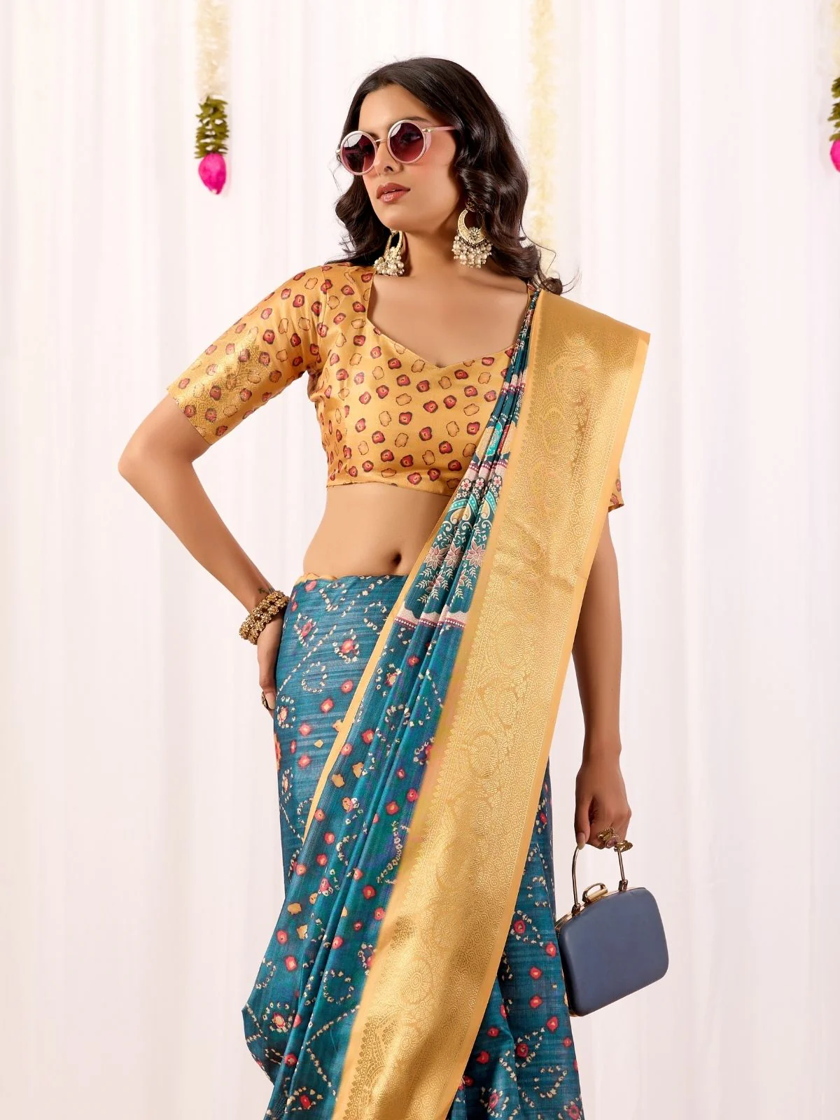 Odette Blue Silk Blend Printed Saree For Women - Image 4