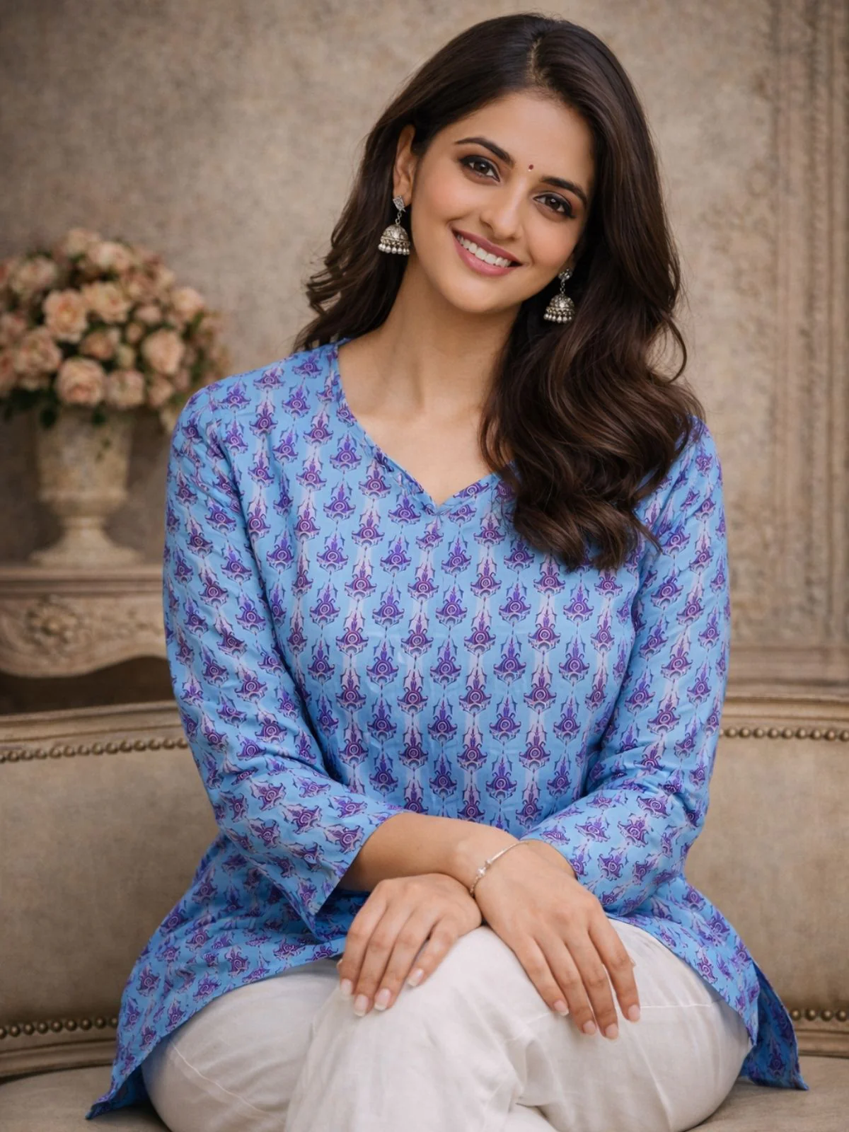 Odette Blue Silk Blend Printed Solid Kurti For Women - Image 2