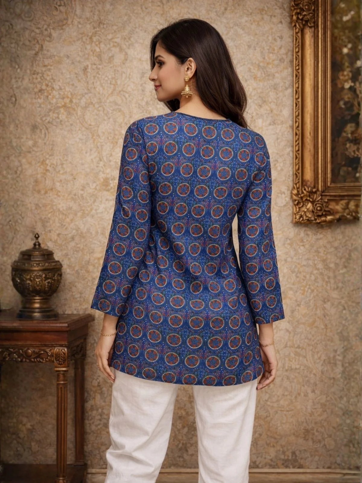 Odette Blue Silk Blend Printed Solid Kurti For Women - Image 3