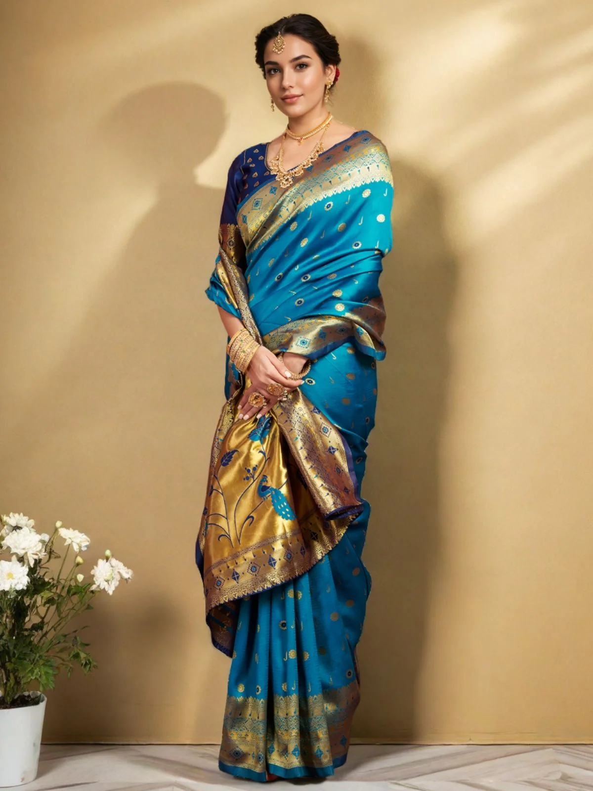Odette Blue Silk Blend Woven Pithani Saree For Women - Image 3
