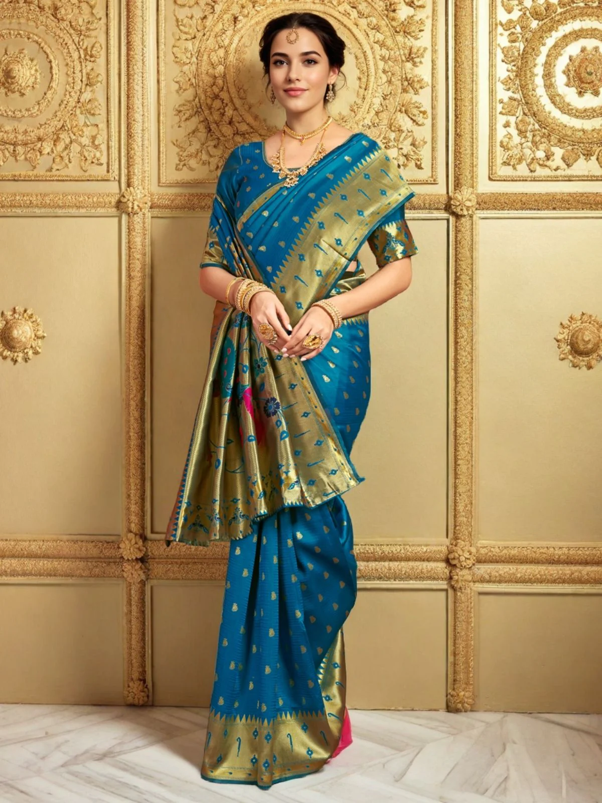 Odette Blue Silk Blend Woven Pithani Saree For Women - Image 3