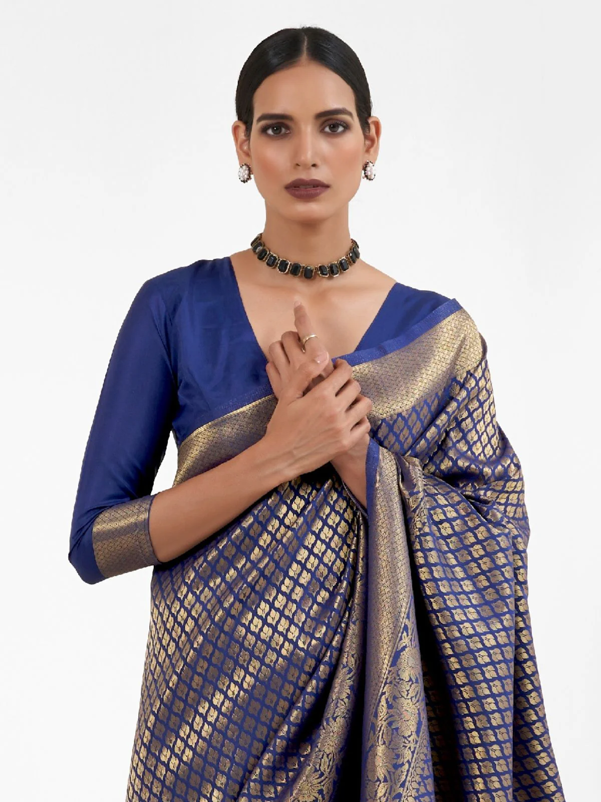 Odette Blue Silk Blend Woven Saree With Unstitched Blouse For Women - Image 2