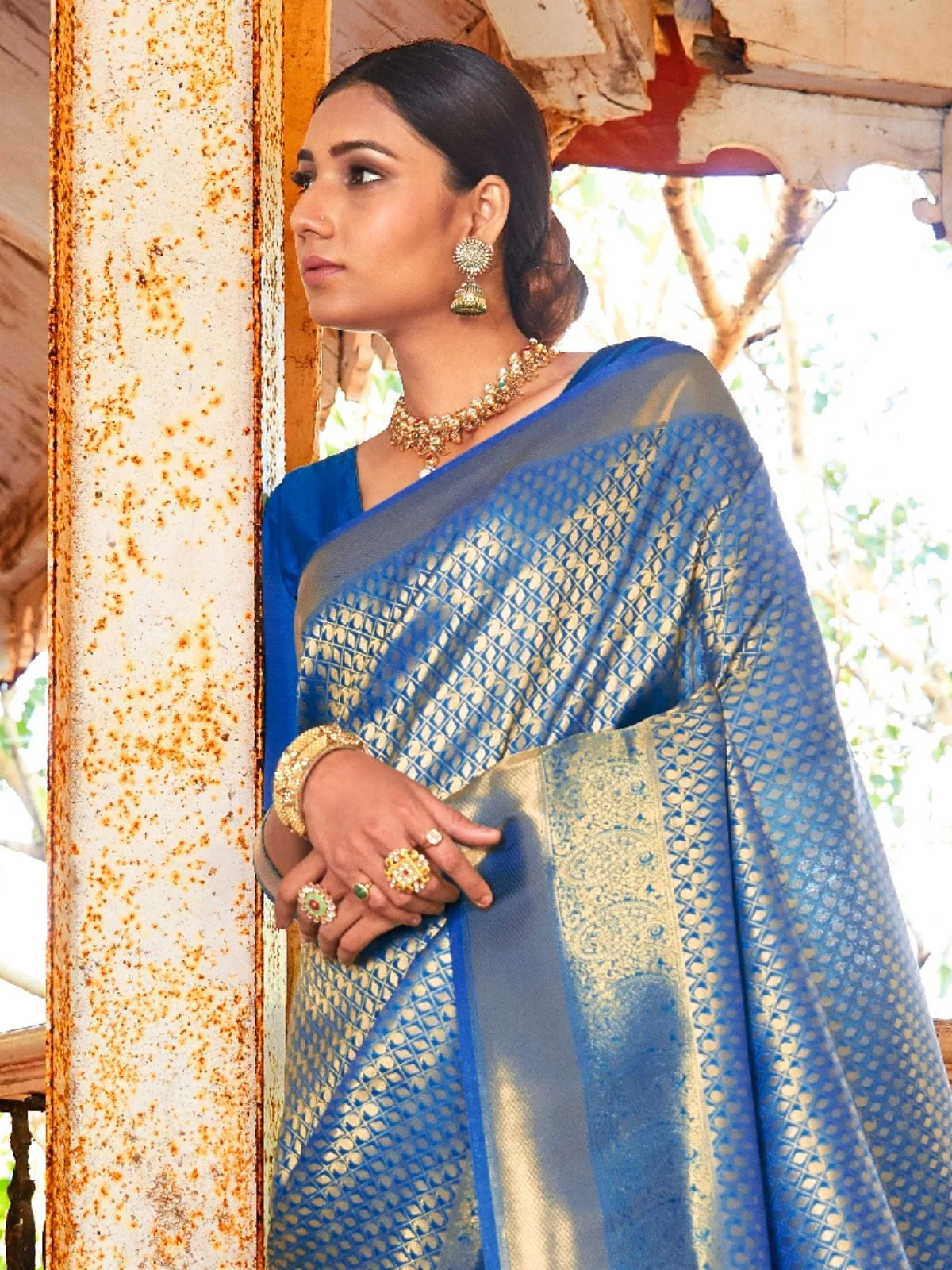 Odette Blue Silk Blend Woven Saree With Unstitched Blouse For Women - Image 2