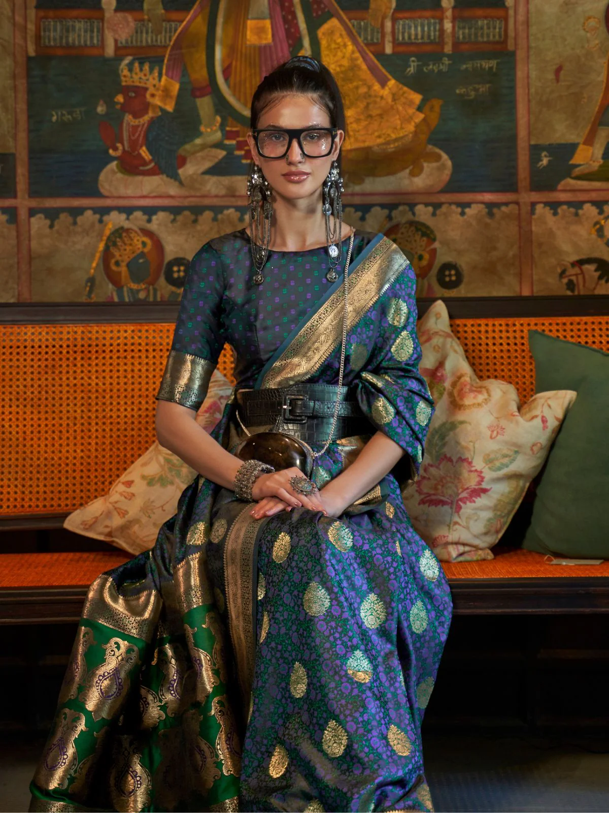 Odette Blue Silk Blend Woven Saree With Unstitched Blouse for Women - Image 2