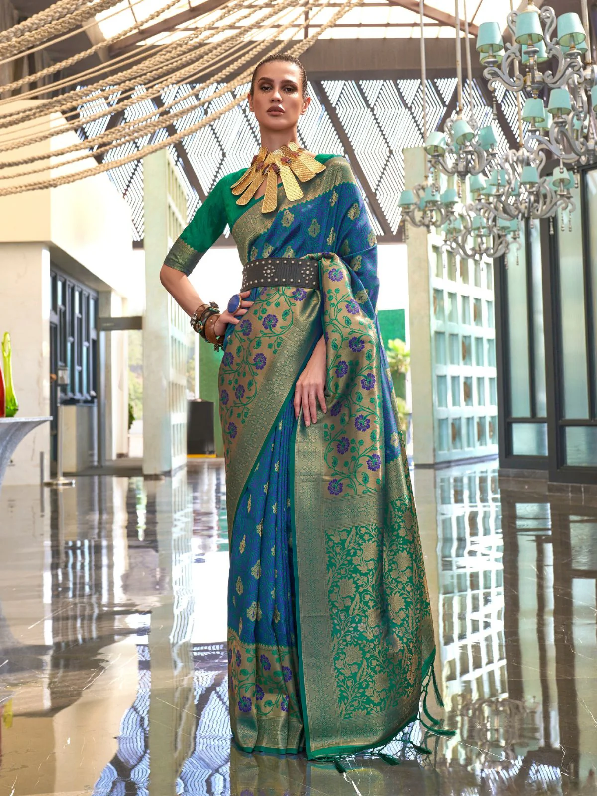 Odette Blue Silk Blend Woven Saree With Unstitched Blouse for Women