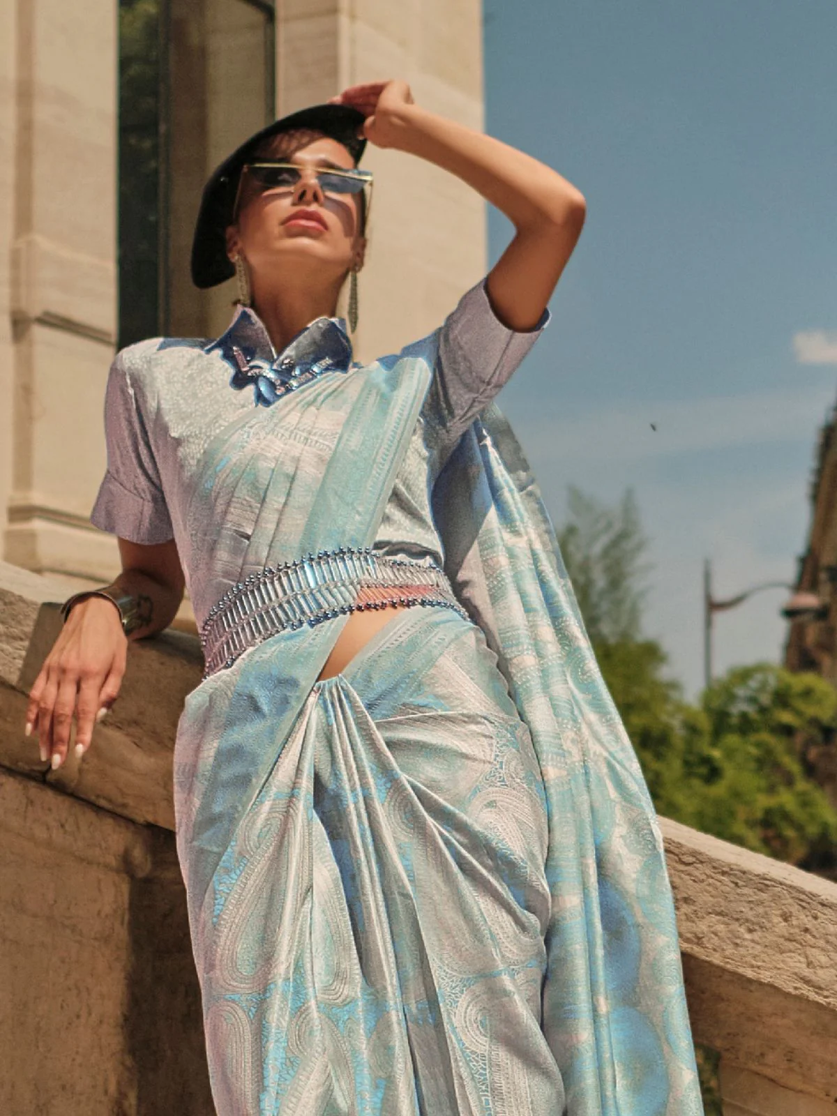 Odette Blue Silk Blend Woven Saree With Unstitched Blouse For Women - Image 2