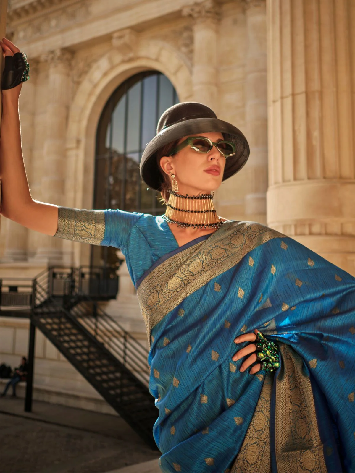 Odette Blue Silk Blend Woven Saree With Unstitched Blouse For Women - Image 2