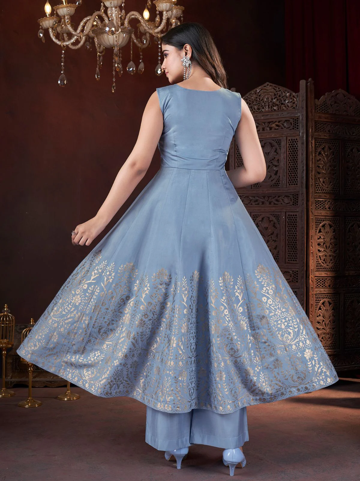 Odette Blue Silk Blend Woven Stitched Kurta Set For Women - Image 3