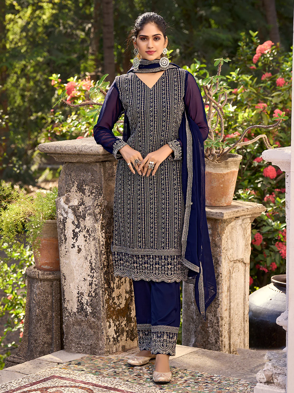 Odette Blue Silk Embroidered Semi stitched Kurta Set For Women - Image 2