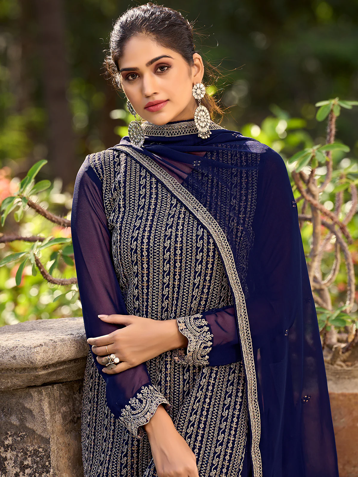 Odette Blue Silk Embroidered Semi stitched Kurta Set For Women - Image 4