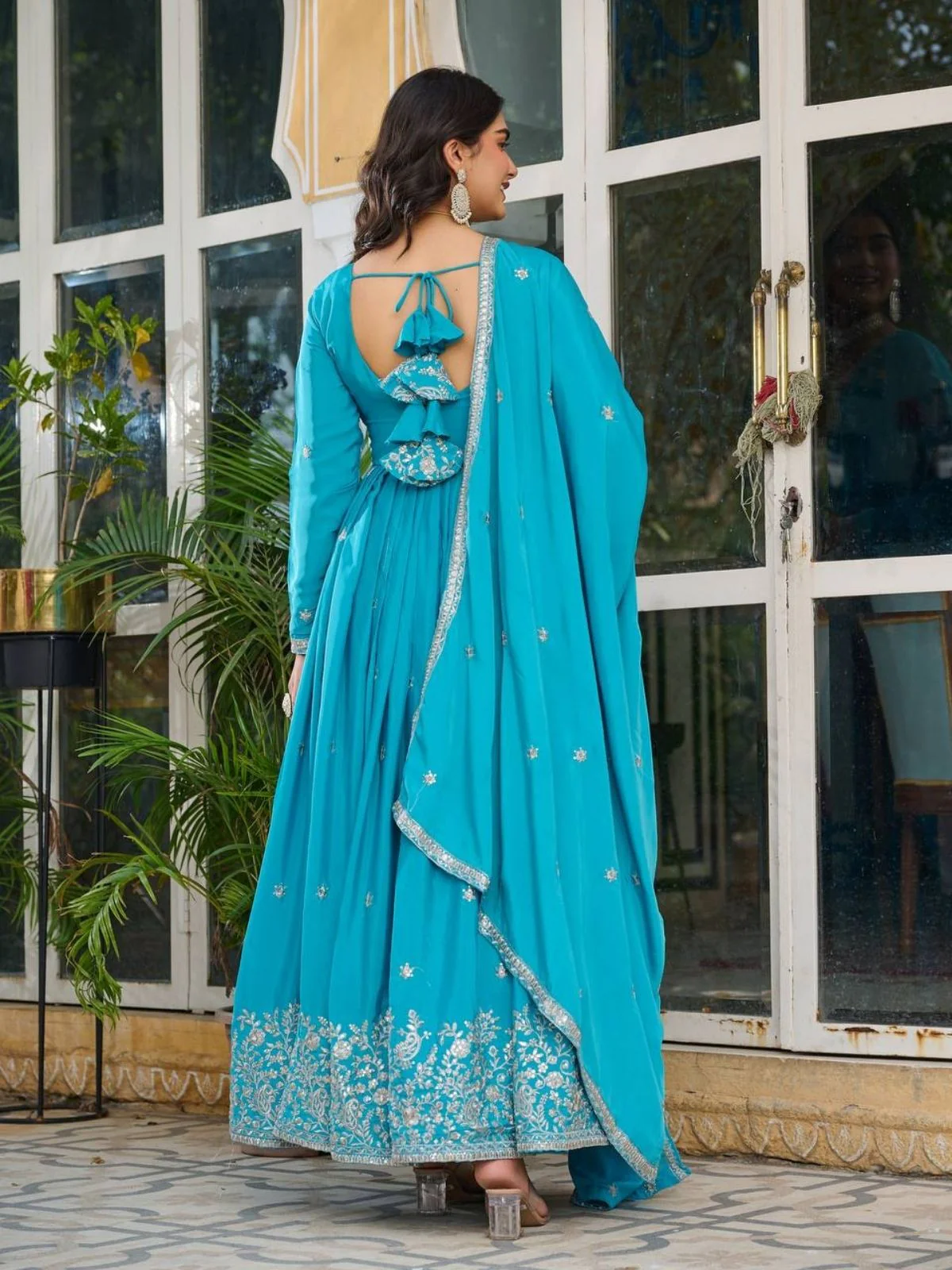 Odette Blue Silk Solid Stitched Kurta Set For Women - Image 3